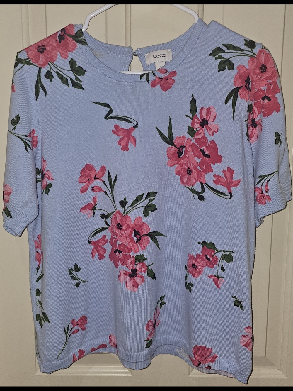 CeCe Pastel Blue Knit Top with Pink Floral Print